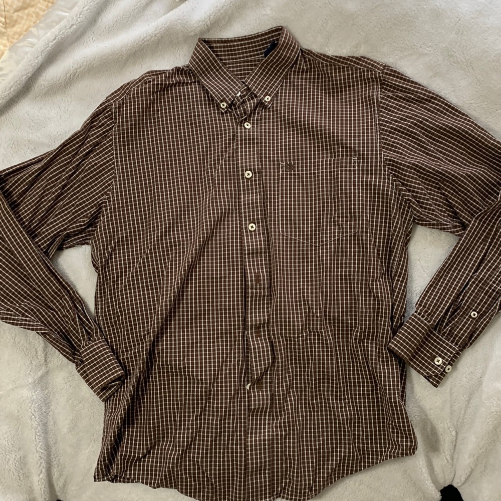 Vintage Mens Brown Checkered  Button up Dress Shirt